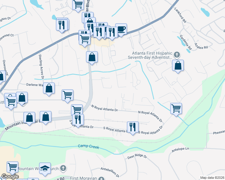 map of restaurants, bars, coffee shops, grocery stores, and more near 2552 Presidents Walk in Tucker