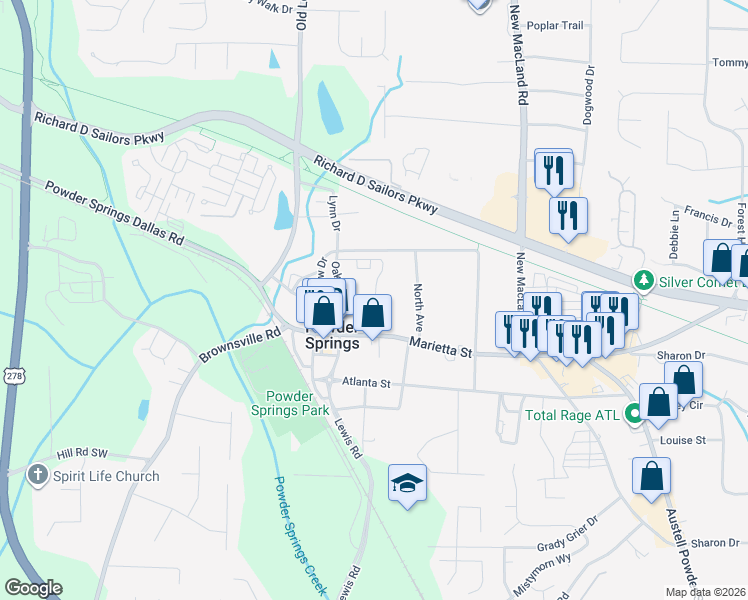 map of restaurants, bars, coffee shops, grocery stores, and more near 4401 George David Way in Powder Springs