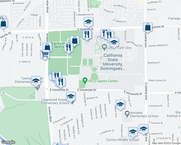 map of restaurants, bars, coffee shops, grocery stores, and more near Perimeter Rd in Carson