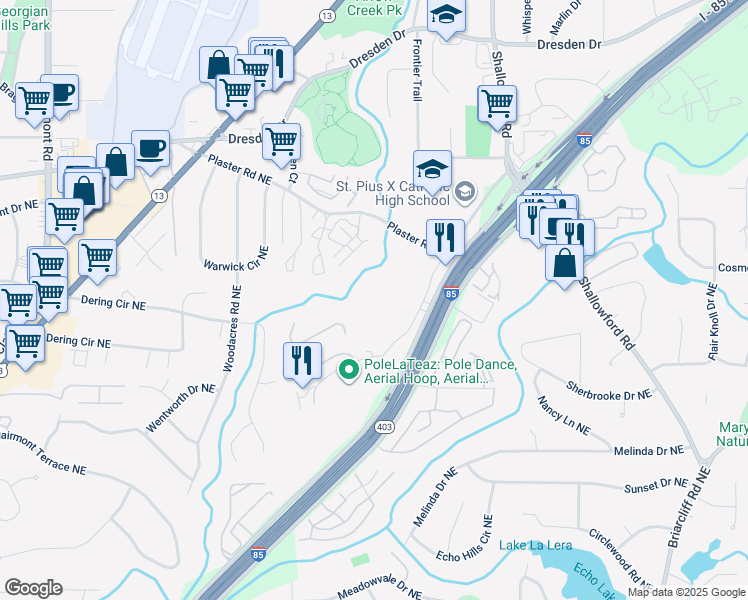 map of restaurants, bars, coffee shops, grocery stores, and more near 2560 New Haven Drive Northeast in Atlanta