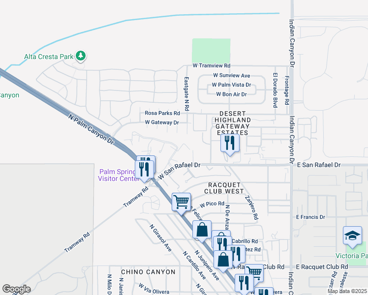 map of restaurants, bars, coffee shops, grocery stores, and more near 2810 North Arcadia Court in Palm Springs
