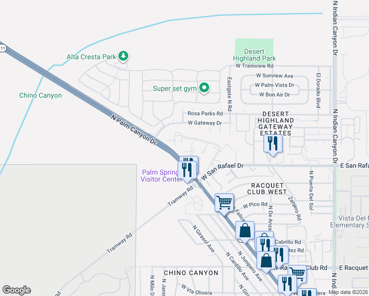 map of restaurants, bars, coffee shops, grocery stores, and more near 2821 Los Felices Circle North in Palm Springs