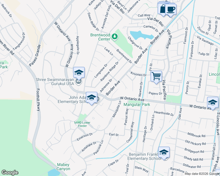 map of restaurants, bars, coffee shops, grocery stores, and more near 2102 Border Avenue in Corona