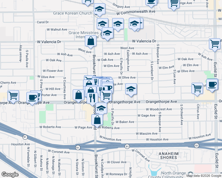 map of restaurants, bars, coffee shops, grocery stores, and more near 1640 West Southgate Avenue in Fullerton