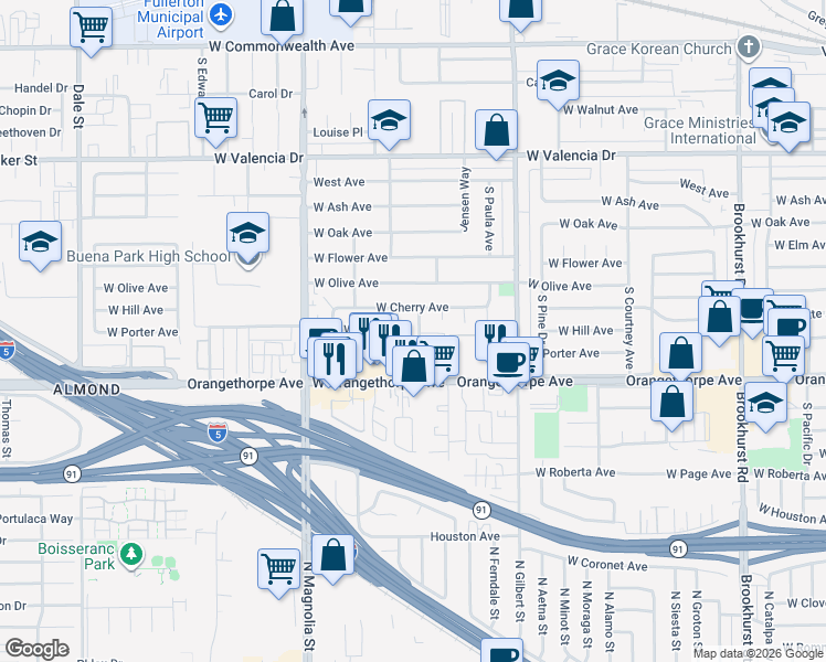 map of restaurants, bars, coffee shops, grocery stores, and more near 1013 Nicklett Avenue in Fullerton