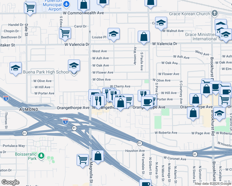 map of restaurants, bars, coffee shops, grocery stores, and more near 1013 Nicklett Avenue in Fullerton