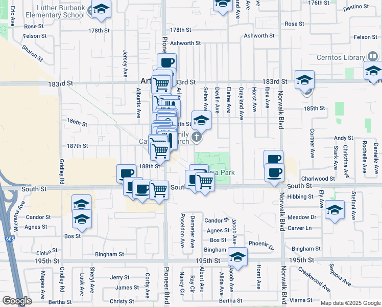 map of restaurants, bars, coffee shops, grocery stores, and more near 18713 Clarkdale Avenue in Artesia
