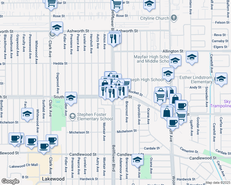 map of restaurants, bars, coffee shops, grocery stores, and more near 5831 Bellflower Boulevard in Lakewood