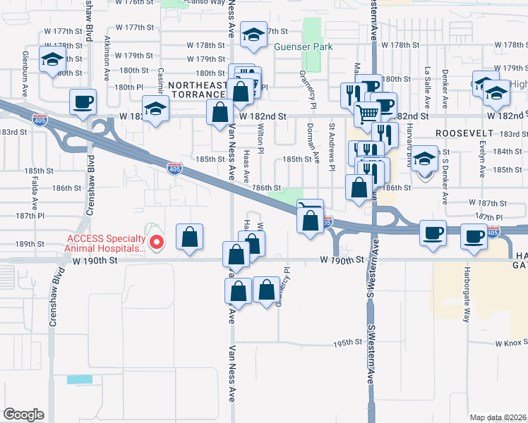 map of restaurants, bars, coffee shops, grocery stores, and more near 2101 187th Street in Torrance