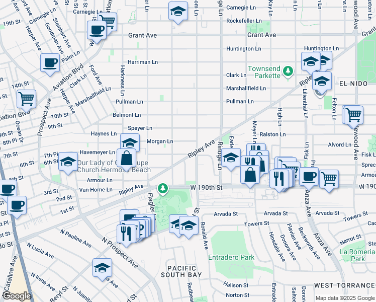 map of restaurants, bars, coffee shops, grocery stores, and more near 2019 Havemeyer Lane in Redondo Beach