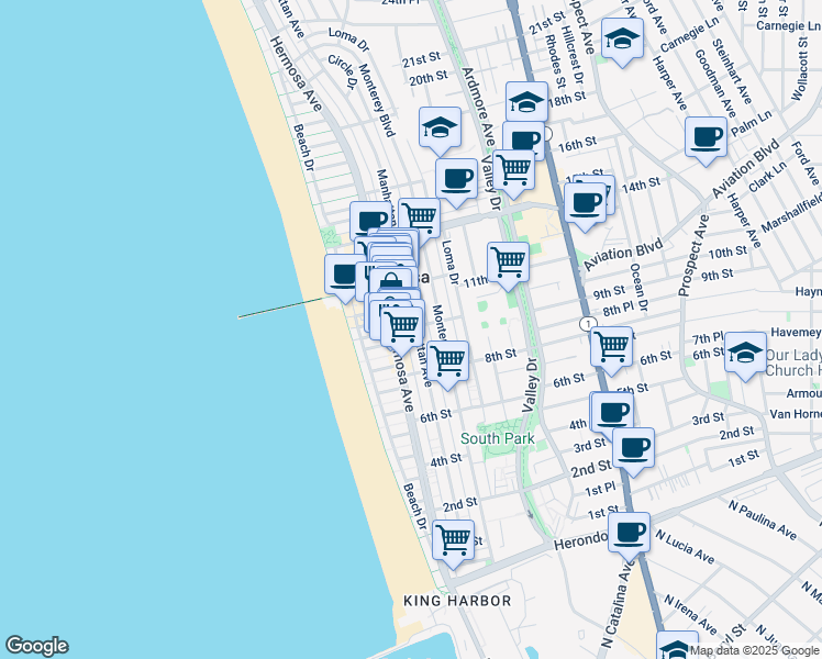 map of restaurants, bars, coffee shops, grocery stores, and more near 1018 Hermosa Avenue in Hermosa Beach