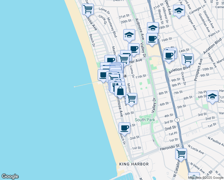 map of restaurants, bars, coffee shops, grocery stores, and more near 1018 Hermosa Avenue in Hermosa Beach