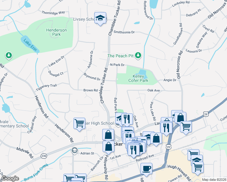 map of restaurants, bars, coffee shops, grocery stores, and more near 2566 Ball Park Drive in Tucker
