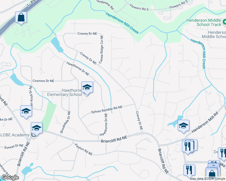 map of restaurants, bars, coffee shops, grocery stores, and more near 2924 Tall Pines Way Northeast in Atlanta