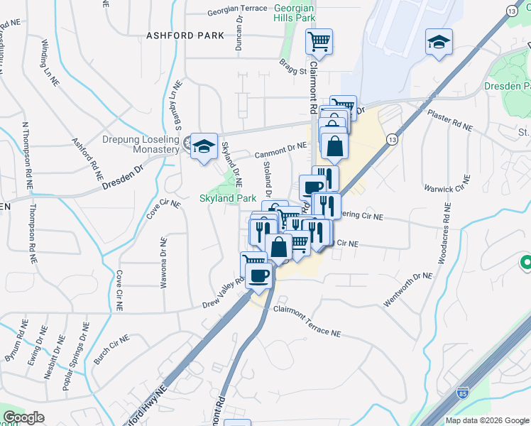 map of restaurants, bars, coffee shops, grocery stores, and more near 1964 Skyfall Circle in Brookhaven