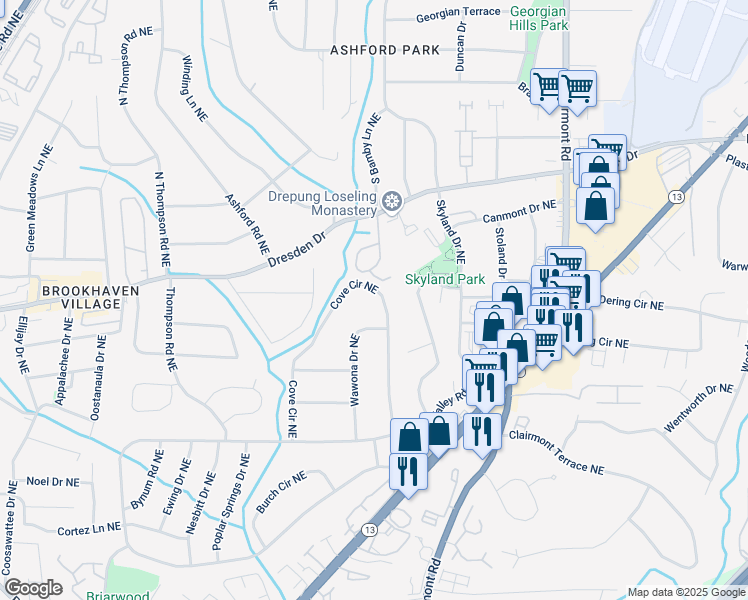 map of restaurants, bars, coffee shops, grocery stores, and more near 2617 Cove Circle Northeast in Atlanta