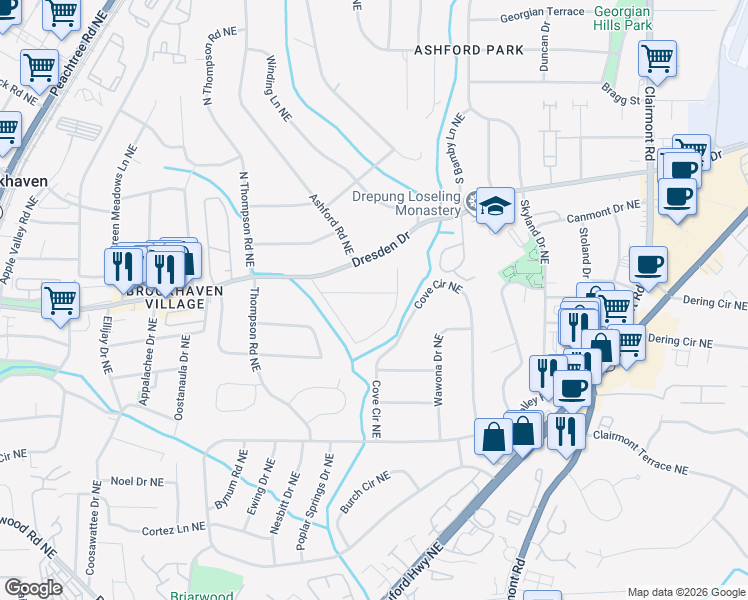 map of restaurants, bars, coffee shops, grocery stores, and more near 1663 Richwood Drive Northeast in Atlanta