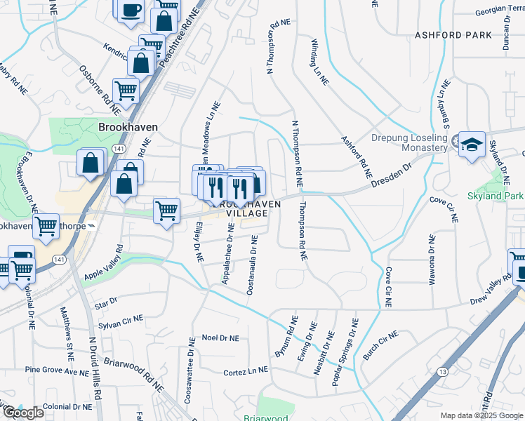map of restaurants, bars, coffee shops, grocery stores, and more near 1477 Village Park Court Northeast in Atlanta