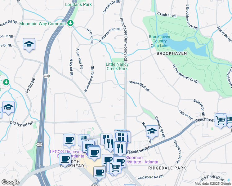map of restaurants, bars, coffee shops, grocery stores, and more near 3888 Peachtree Dunwoody Road in Atlanta