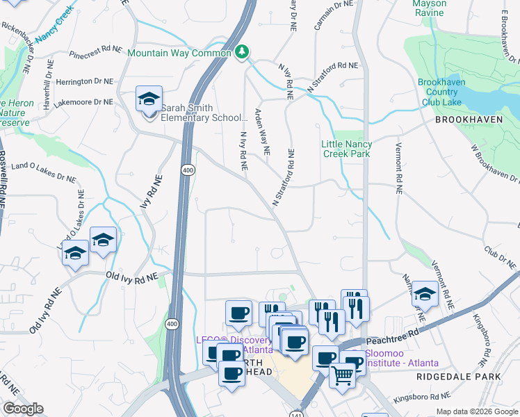 map of restaurants, bars, coffee shops, grocery stores, and more near 3900 Wieuca Road Northeast in Atlanta