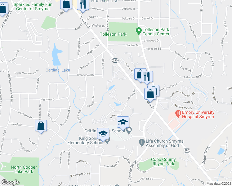 map of restaurants, bars, coffee shops, grocery stores, and more near 1104 Mill Pond Court Southeast in Smyrna