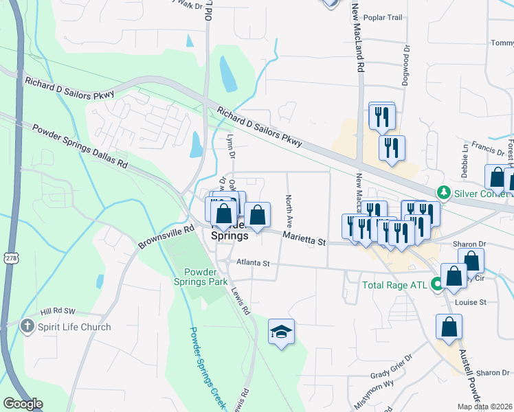 map of restaurants, bars, coffee shops, grocery stores, and more near 4403 George David Way in Powder Springs