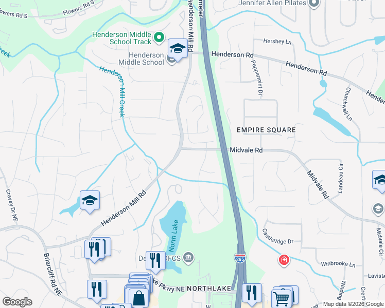map of restaurants, bars, coffee shops, grocery stores, and more near 3377 Midvale Road Northeast in Atlanta