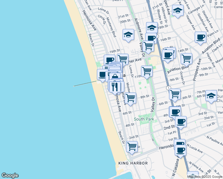 map of restaurants, bars, coffee shops, grocery stores, and more near 59 10th Street in Hermosa Beach