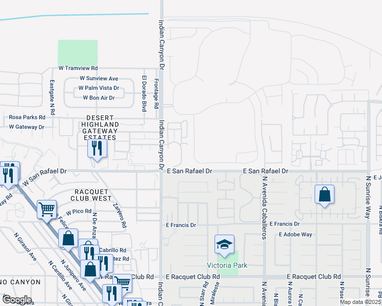 map of restaurants, bars, coffee shops, grocery stores, and more near 3564 Taylor Drive in Palm Springs