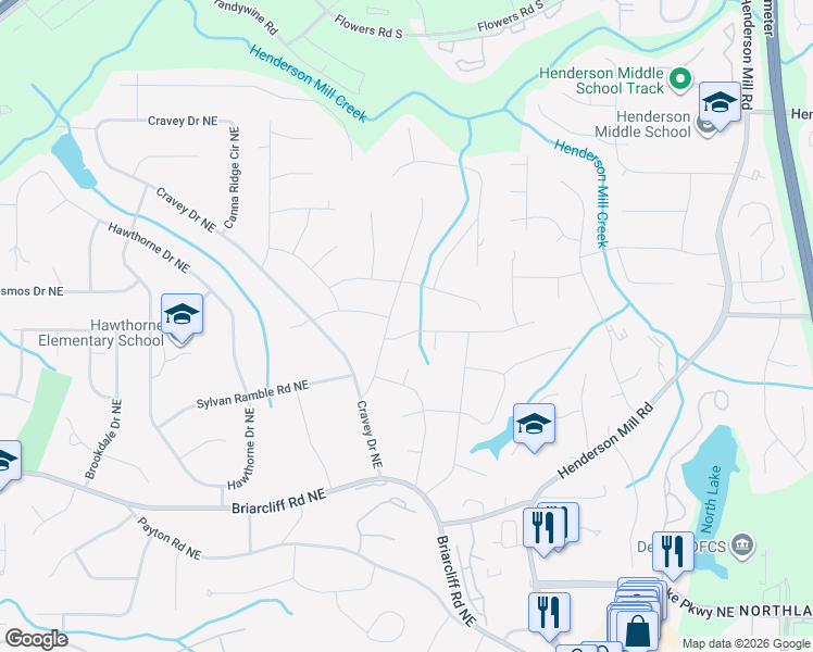 map of restaurants, bars, coffee shops, grocery stores, and more near 3040 Boxwood Drive Northeast in Atlanta