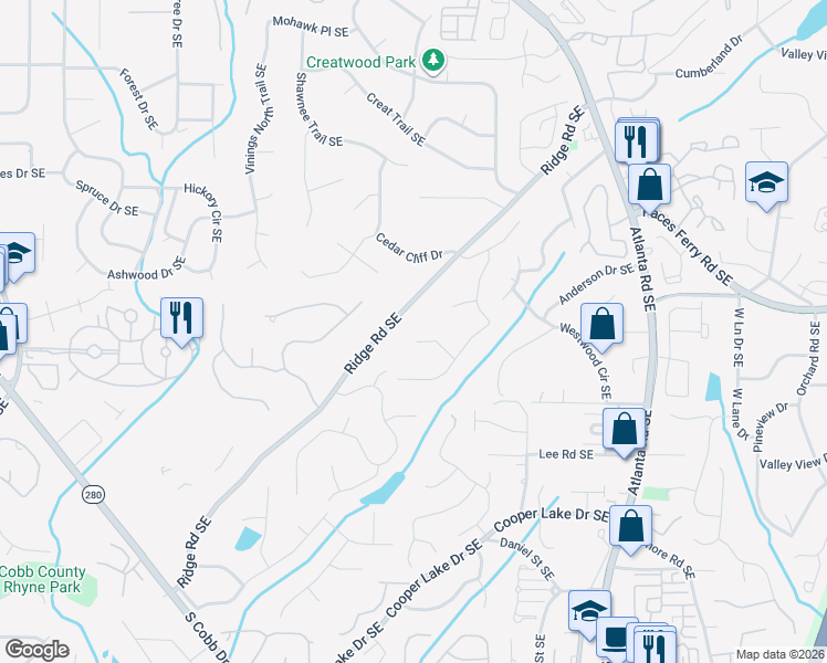 map of restaurants, bars, coffee shops, grocery stores, and more near 2033 Cliff Creek Court Southeast in Smyrna