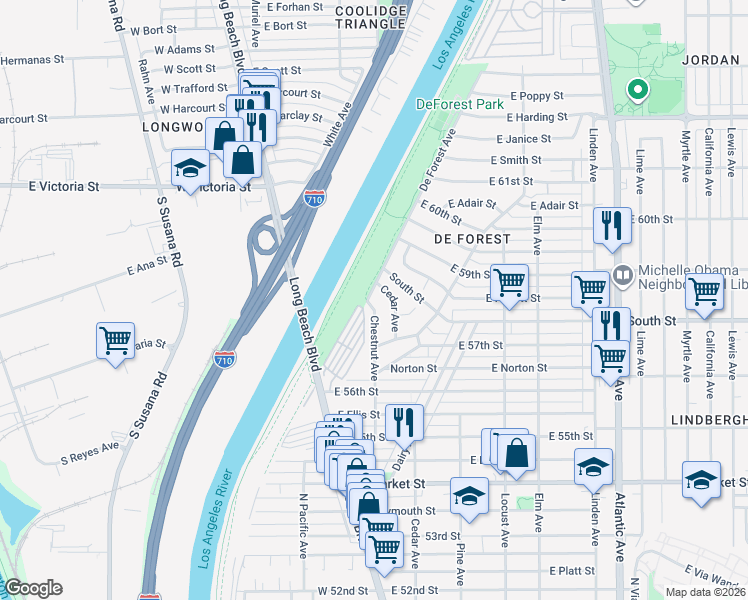 map of restaurants, bars, coffee shops, grocery stores, and more near 5798 Chestnut Avenue in Long Beach
