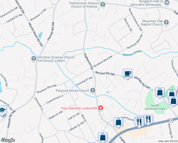 map of restaurants, bars, coffee shops, grocery stores, and more near 3176 Bruckner Boulevard Southwest in Snellville