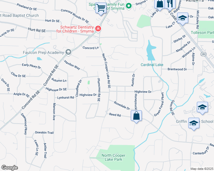 map of restaurants, bars, coffee shops, grocery stores, and more near 3824 North Cooper Lake Road Southeast in Smyrna
