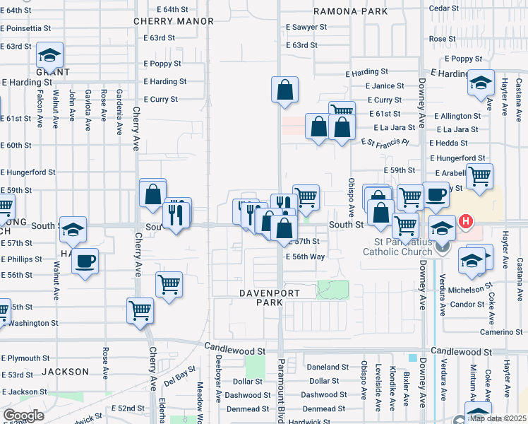 map of restaurants, bars, coffee shops, grocery stores, and more near 5811 N Paramount Blvd in Long Beach