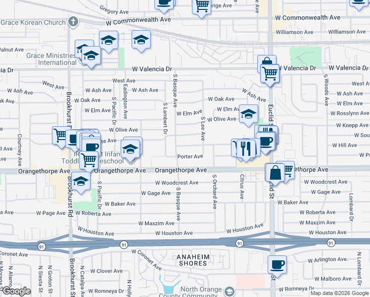 map of restaurants, bars, coffee shops, grocery stores, and more near 1342 West Hill Avenue in Fullerton