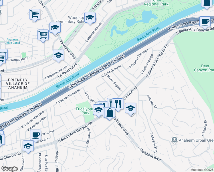 map of restaurants, bars, coffee shops, grocery stores, and more near 211 North Avenue Malaga in Anaheim