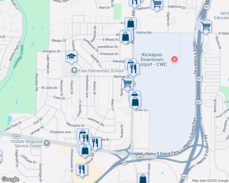 map of restaurants, bars, coffee shops, grocery stores, and more near 4712 Neta Lane in Wichita Falls