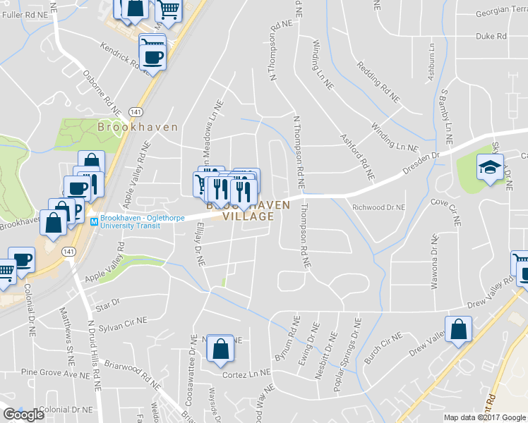 map of restaurants, bars, coffee shops, grocery stores, and more near 1477 Village Park Court Northeast in Atlanta