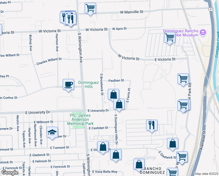 map of restaurants, bars, coffee shops, grocery stores, and more near 18600 South Broadwick Street in Compton