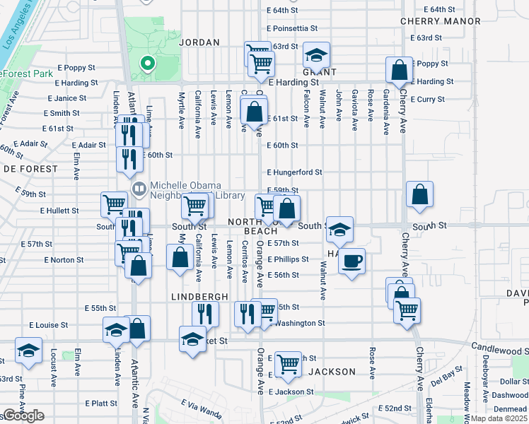 map of restaurants, bars, coffee shops, grocery stores, and more near 5832 Orange Avenue in Long Beach