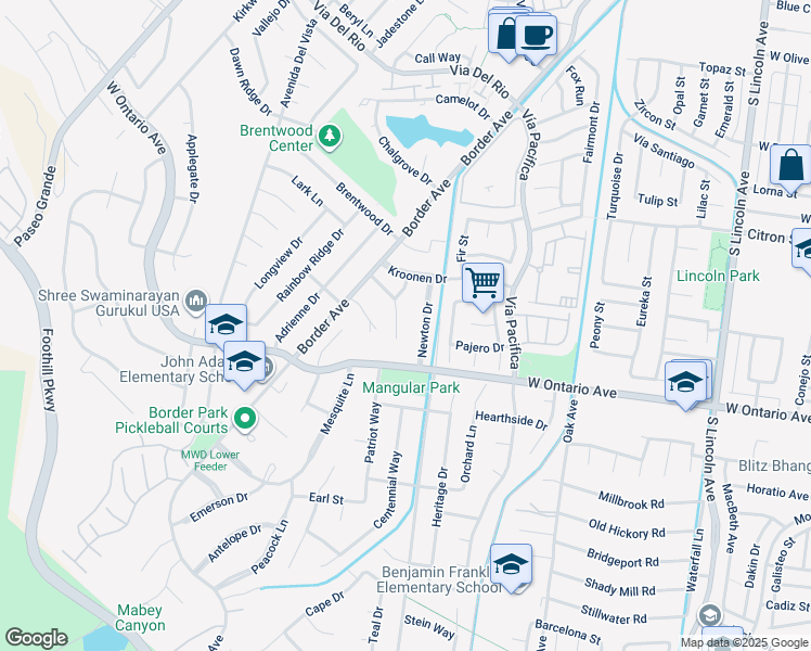 map of restaurants, bars, coffee shops, grocery stores, and more near 1427 Baird Street in Corona