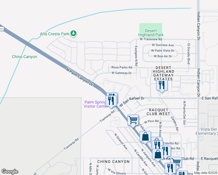 map of restaurants, bars, coffee shops, grocery stores, and more near 2821 North Los Felices Road in Palm Springs