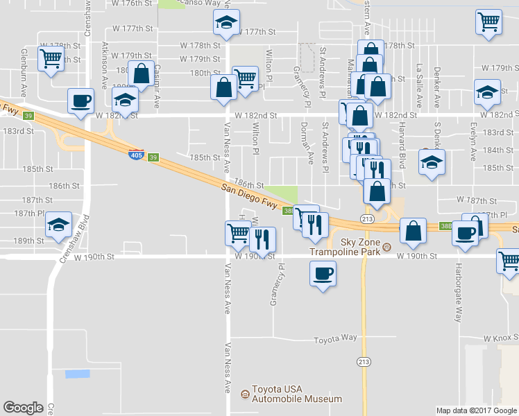 map of restaurants, bars, coffee shops, grocery stores, and more near 2101 187th Street in Torrance
