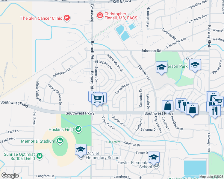 map of restaurants, bars, coffee shops, grocery stores, and more near 4648 El Capitan Drive in Wichita Falls