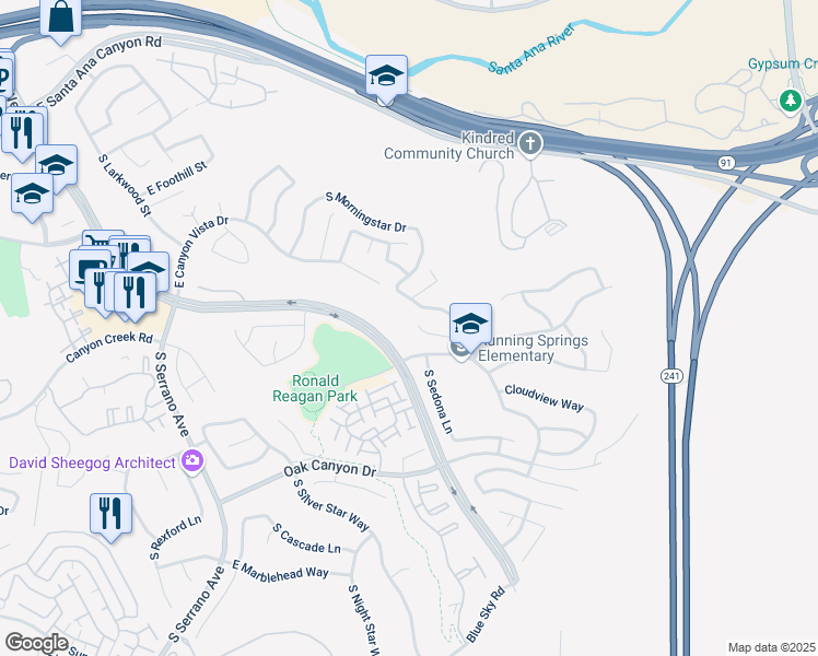 map of restaurants, bars, coffee shops, grocery stores, and more near 8620 East Sunnywalk Lane in Anaheim
