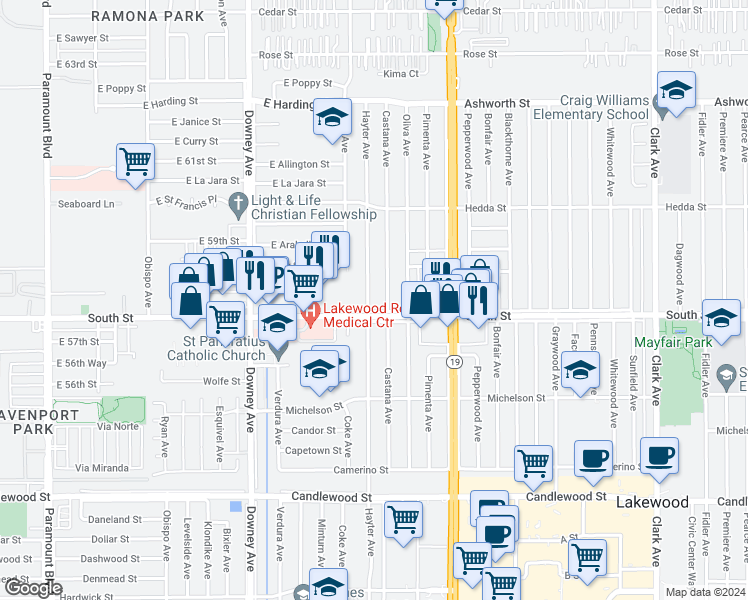 map of restaurants, bars, coffee shops, grocery stores, and more near 5812 Hayter Avenue in Lakewood