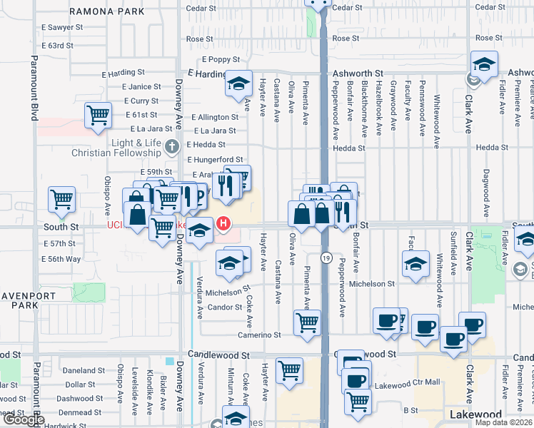 map of restaurants, bars, coffee shops, grocery stores, and more near 5812 Hayter Avenue in Lakewood