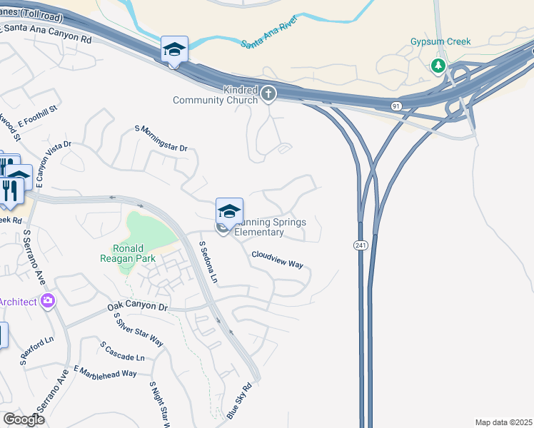 map of restaurants, bars, coffee shops, grocery stores, and more near 8761 East Garden View Drive in Anaheim