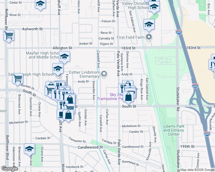 map of restaurants, bars, coffee shops, grocery stores, and more near 6303 Droxford Street in Lakewood